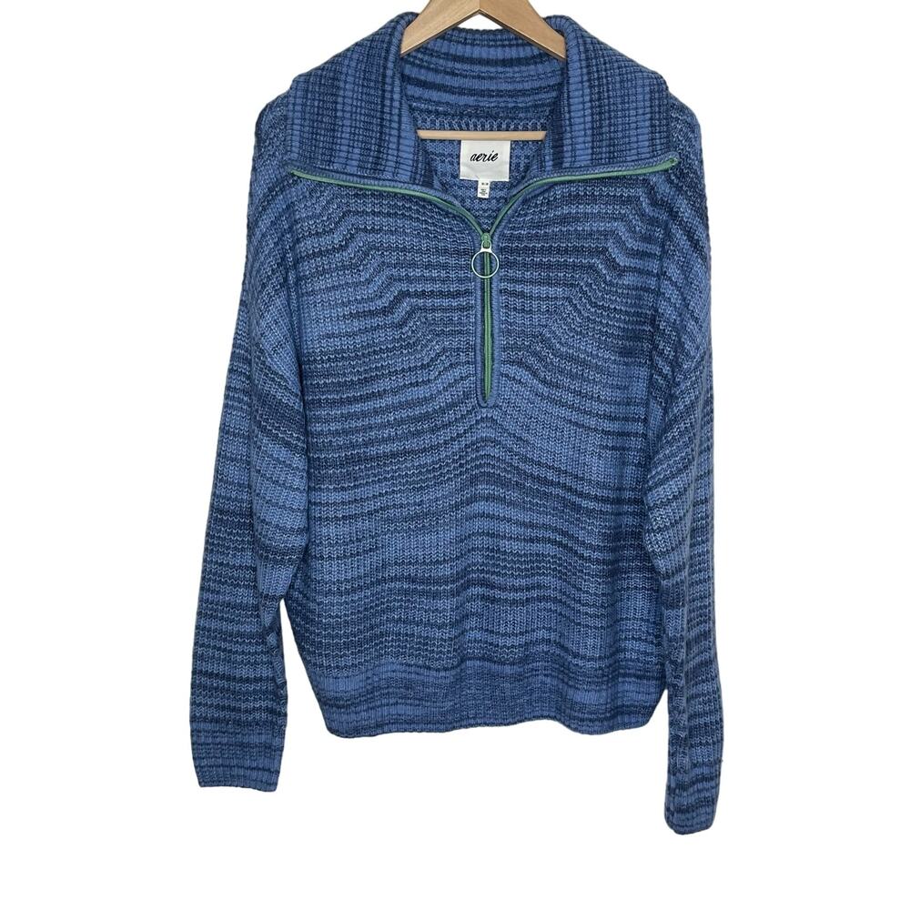 Aerie 1/4 Zip Sweater Medium Blue Cozy Casual Lounge Pullover Soft Knit
